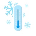 Cold thermometer with a snowflakes. Temperature weather thermometers meteorology, temp control thermostat device flat vector icon.